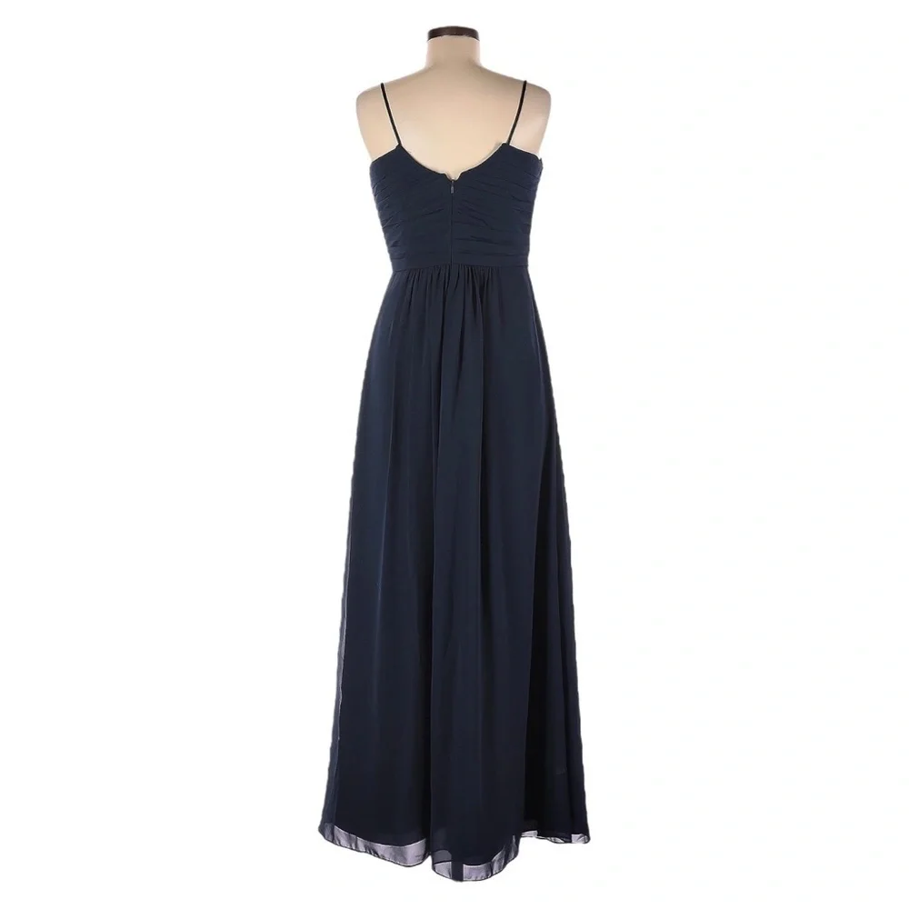 Bill Levkoff Navy Chiffon Pleated Maxi Dress 10 Formal Evening Bridesmaid Gown